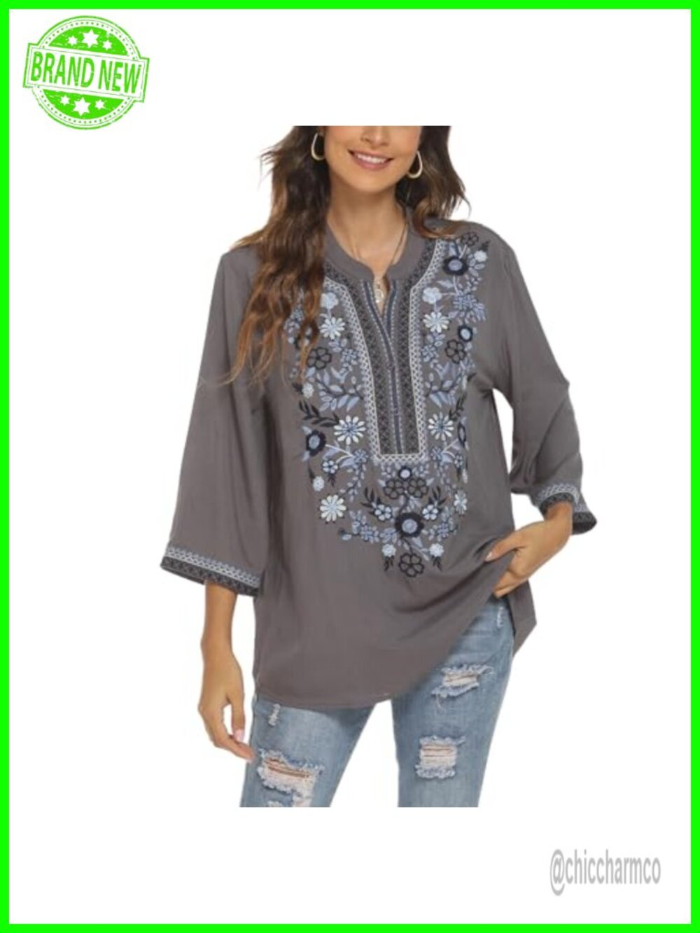 Mexican Embroidered Tunic Top Womens Boho Peasant 3/4 Sleeve V Neck Cotton
